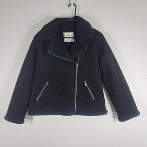 Abercrombie Moto Jacket Kids Girls Size 15-16 Faux Suede Faux Fur Zip Black